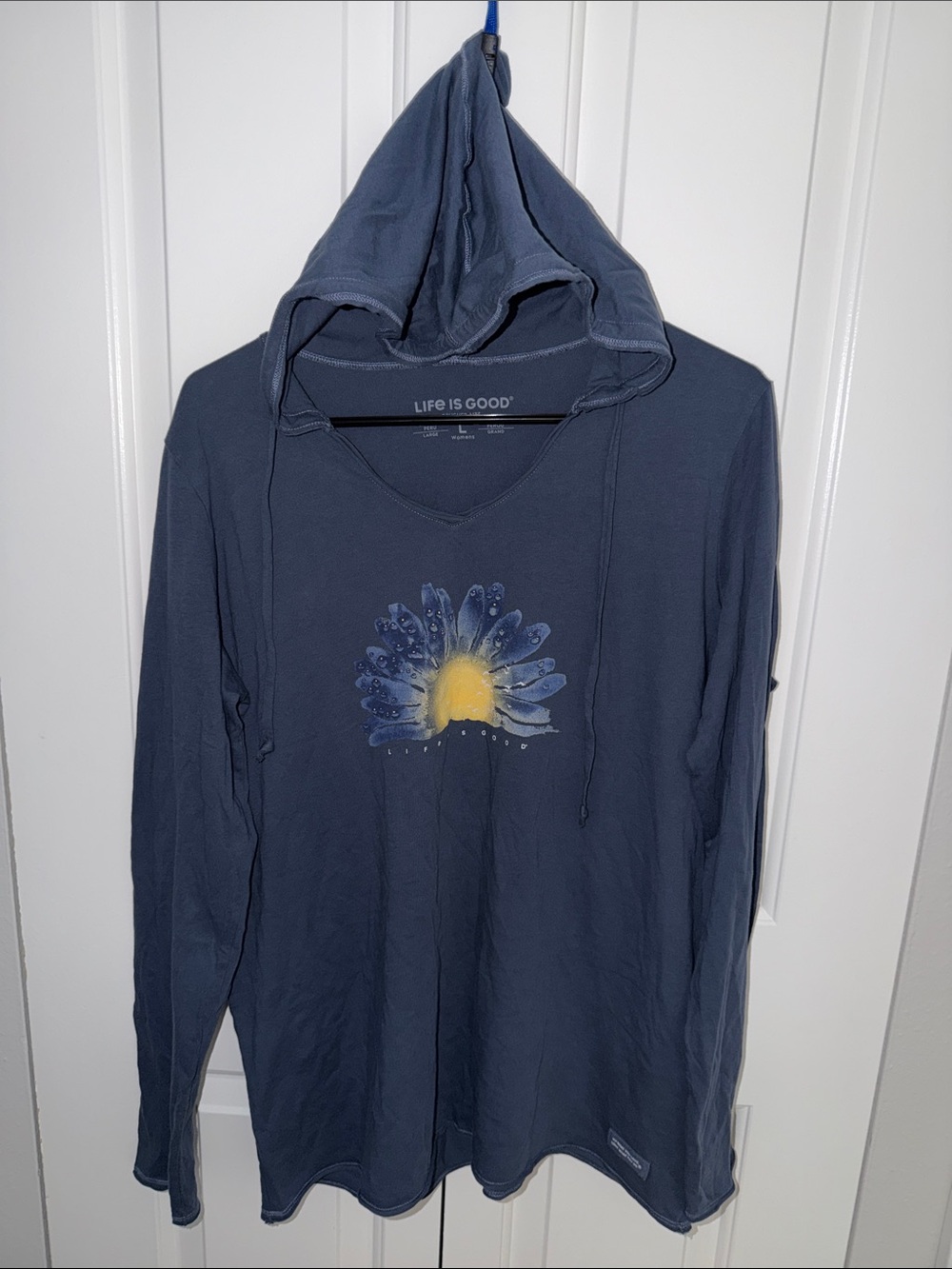 Life Is Good Navy Blue Long Sleeve Hoodie with Yellow Sunburst Graphic